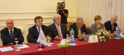 During the opening of the seminar: from L. to R.: Theodorus Ioannidis, President of the Bar Association of Cyprus, Dionysios Kriaris, President of the National Federation of the Judicial Officers of Greece, Leo Netten, President of the UIHJ, Costas Hadzikosteas , President of the organisation of the Judicial Officers of Cyprus, Irene Christodoulou, Chief Registrar at the Supreme Court of Cyprus, Georges Mitsis, President of the Chamber of Judicial Officers of Athens