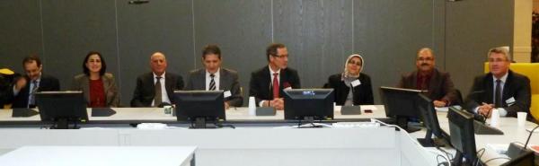 From L. to R. : Abdelaziz Isserssif, President of the Tribunal of First Instance of Sidi Kacem, Clementina Barbaro (CEPEJ), Abdallah Boujida, President of the Tribunal of First Instance of Casablanca, Abderrafi Erouihane, Ministry of Justice of Morocco, Jacques Bühler (Suisse), Najia Rahali, Head of Studies, Cooperation and Modernisation of Justice at the Ministry of Justice of Morocco, Abdelmati El Kaddouri, president of the Administrative Tribunal of Agadir, Mathieu Chardon, 1er Secretary of the UIHJ
