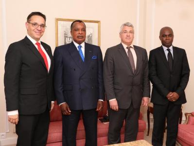 From L. to R.: Marc Schmitz, President of the UIHJ, H.E. Denis Sassou Nguesso, President of the Republic of Congo, Mathieu Chardon, 1st Vice-President of the UIHJ, Wilfrid Magloire Obili, Advisor to the President of the Republic of Congo, Head of the Department of Legal Affairs and Human Rights at the presidency of the Republic of Congo
