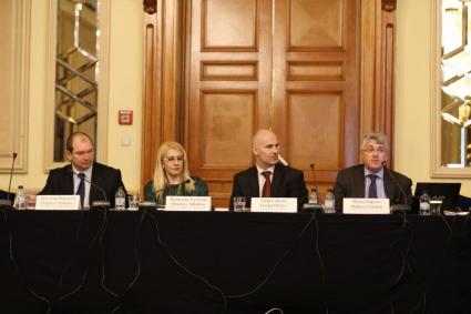 During the opening ceremony: From L to R.: Dragomir Yordanov, Director of the European School of Enforcement, Desislava Ahladova, Vice-Minister of Justice of Bulgaria, Georgi Dichev, president of the Chamber of Private Enforcement Agents of Bulgaria, Mathieu Chardon, 1st Vice-President of the UIHJ
