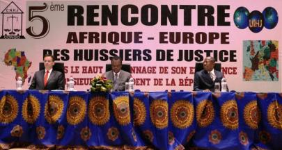 During the opening ceremony, from L. to R.: Marc Schmitz, President of the UIHJ, Claude Nsilou, State Minister, Minister of Commerce, Supply and Consumption of the Republic of Congo, Jean-Didier Bidié, President of the National Chamber of Judicial Officers of Congo